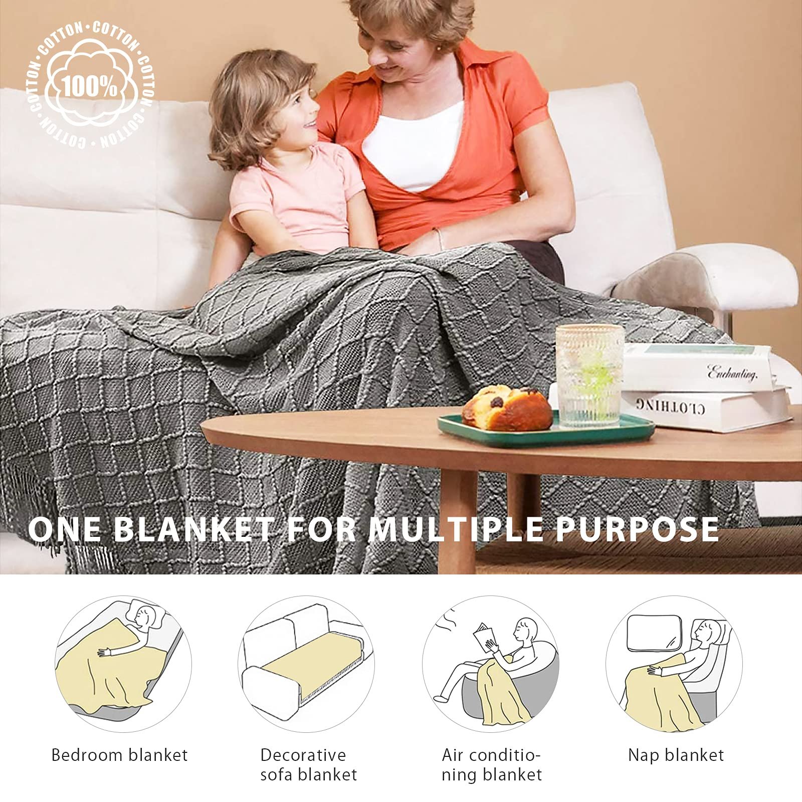 Вязаний плед LumiSyne з китицями Однотонний Геометричний візерунок Плед для дивану ліжка 170 x 130 см, фото №6 Вязаний плед LumiSyne з китицями Однотонний Геометричний візерунок Плед для дивану ліжка 170 x 130 см, фото №6