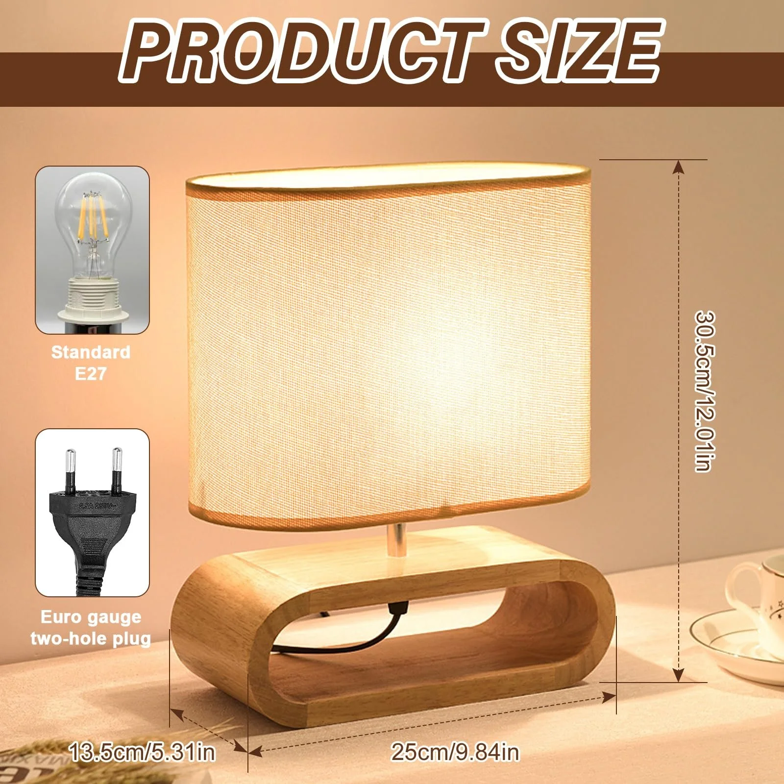 Настільна лампа LED дерев'яна основа лляний абажур 3 режими E27, фото №2