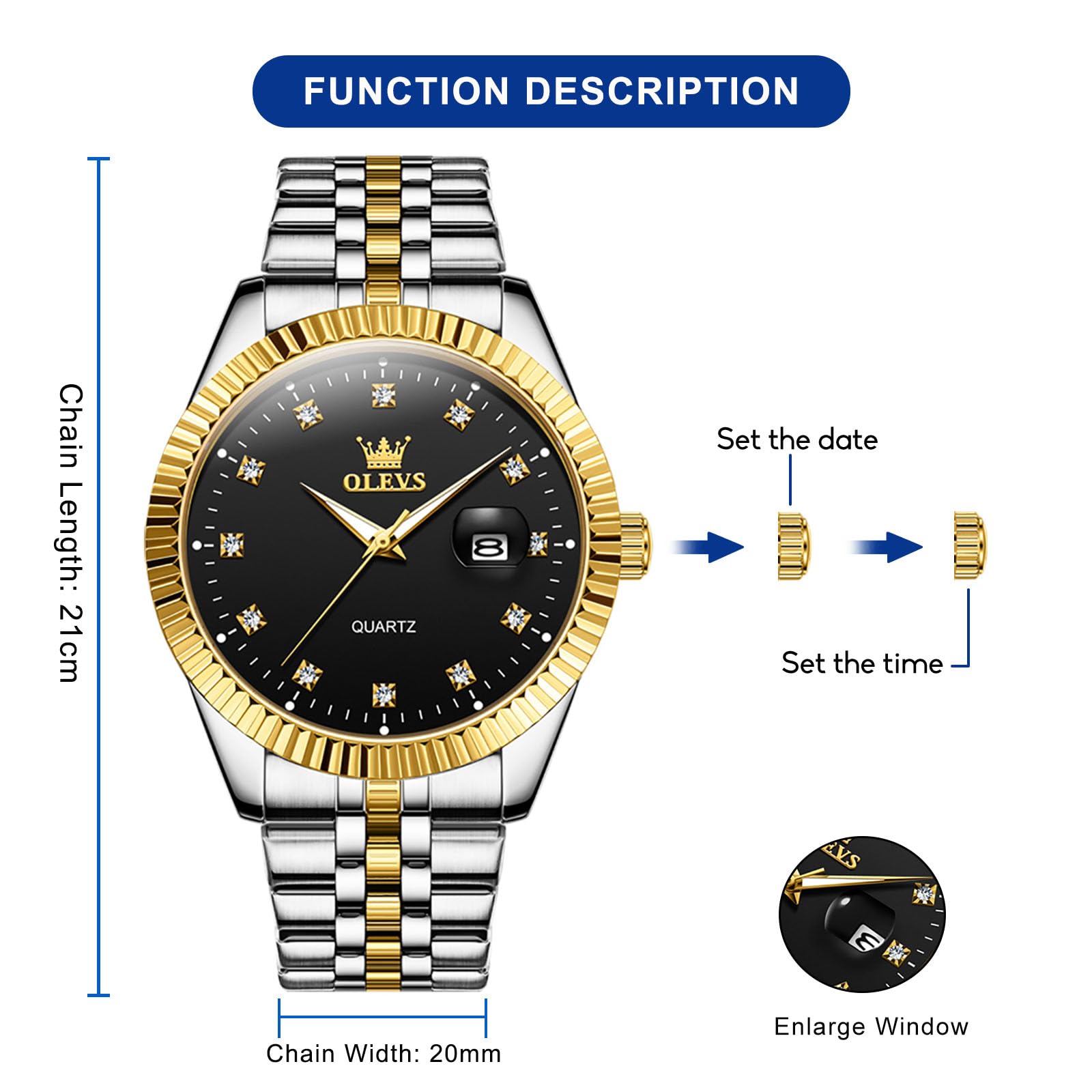Мужские часы OLEVS Luxury A2 Большой циферблат из нержавеющей стали аналоговый кварцевый с датой водонепроницаемый люминесцентный A2, черный циферблат/золотой серебряный ремешок, браслет, фото №6