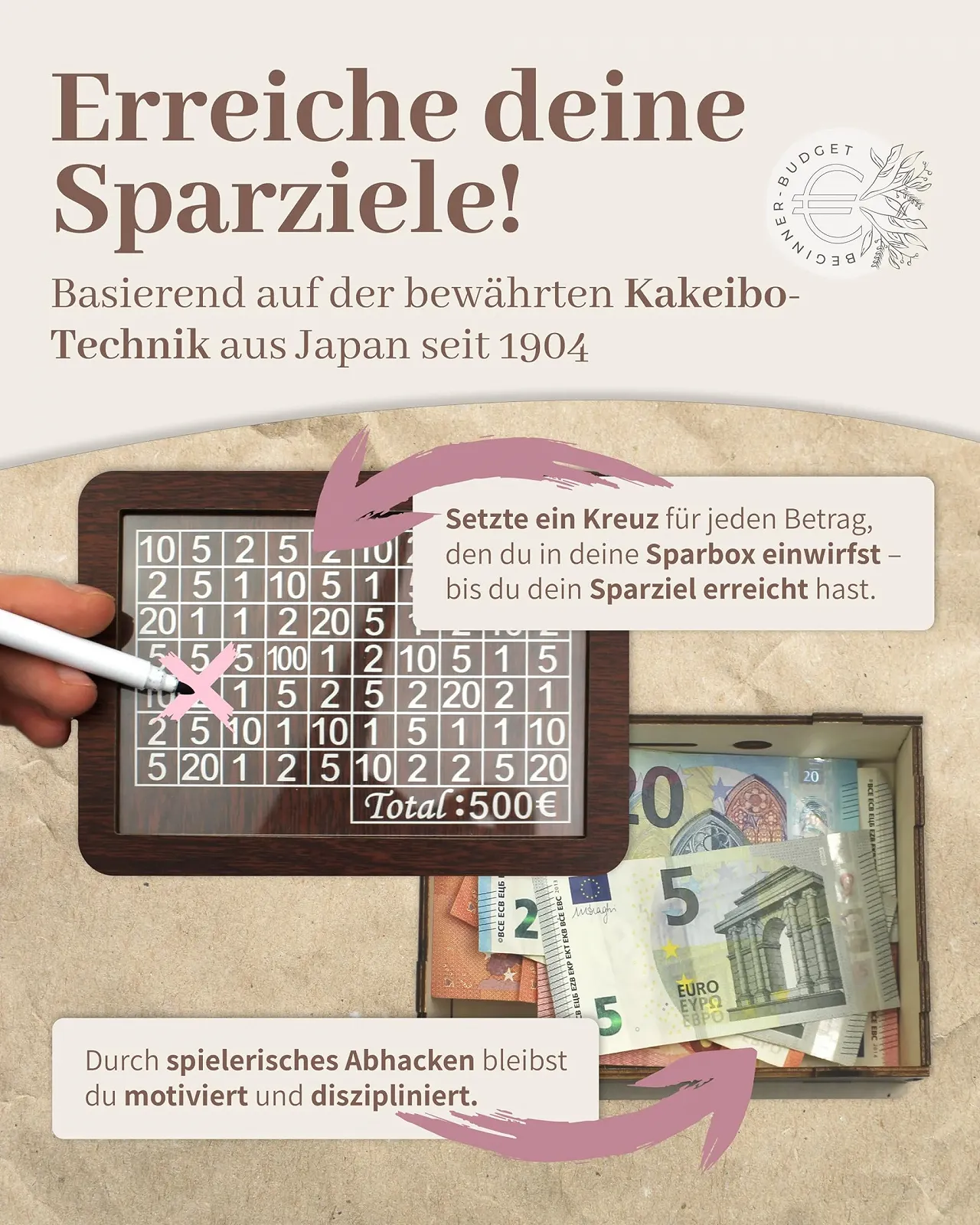 Скарбничка BeginnerBudget® 3-in-1 Wooden 500€/1000€/5000€ with Foil Pen, фото №3