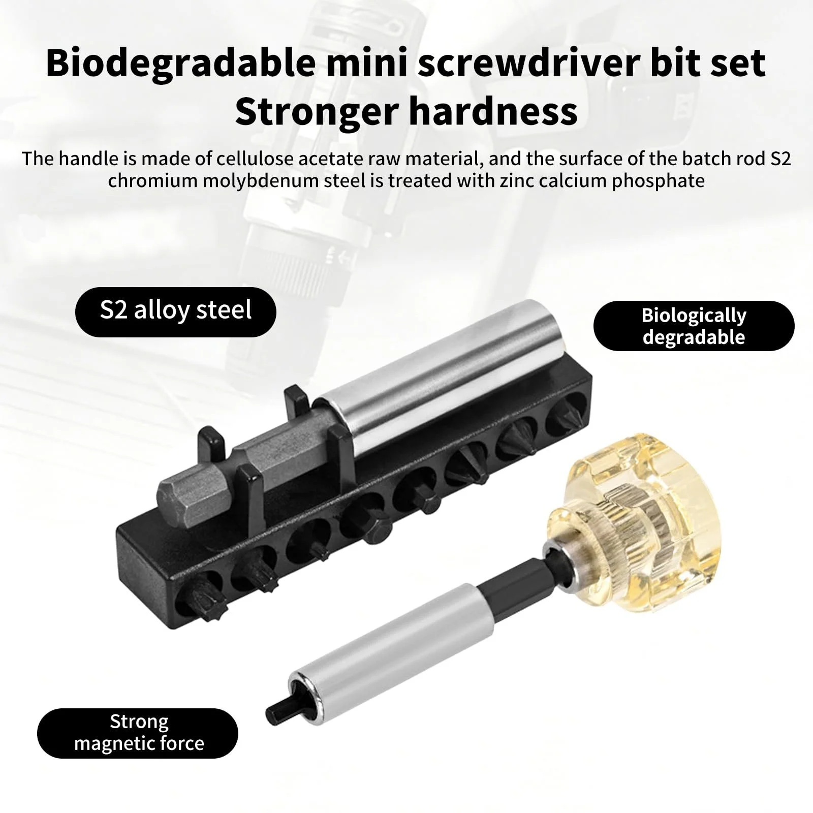 Міні-викрутка 10 в 1 з бітами зі сталі S2 та ручкою з целюлозацетату, фото №3