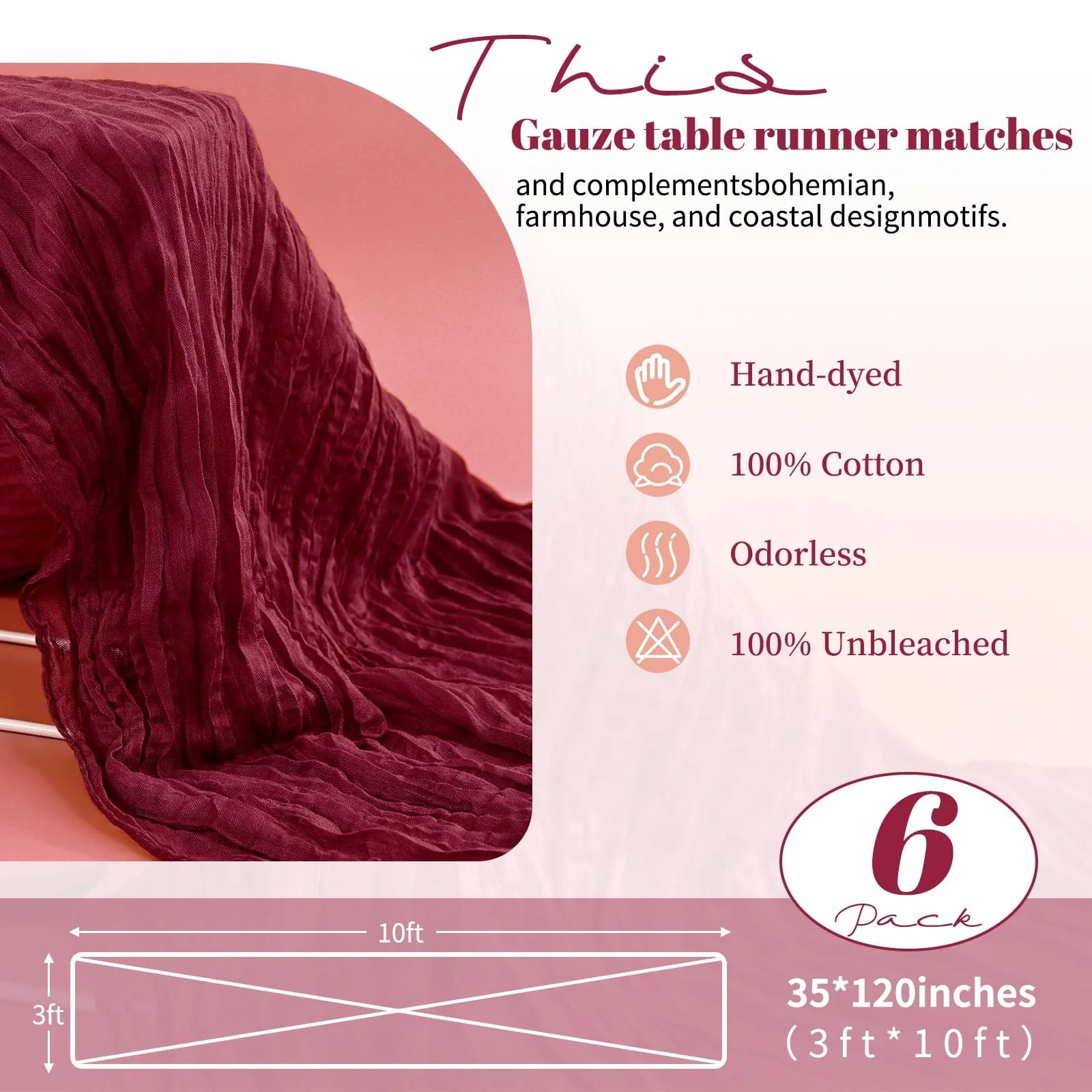 Настільні доріжки 6 шт. Cheesecloth 90 x 300 см Марлева тканина Бордові, фото №2 Настільні доріжки 6 шт. Cheesecloth 90 x 300 см Марлева тканина Бордові, фото №2