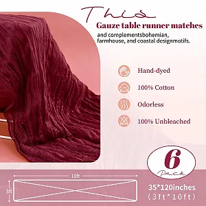 Настільні доріжки 6 шт. Cheesecloth 90 x 300 см Марлева тканина Бордові ціна на synthetic.ua - Фото 1 Настільні доріжки 6 шт. Cheesecloth 90 x 300 см Марлева тканина Бордові synthetic.ua - Фото 1