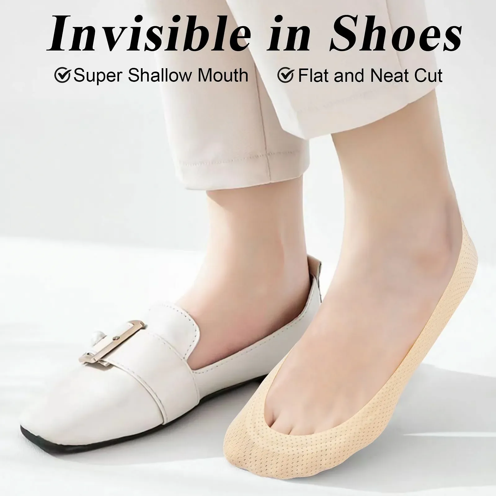 Балетки MELLIEX 4 пары, Женские невидимые носки, дышащие хлопковые нейлоновые носки-лодочки с нескользящим силиконом, черный, бежевый, фото №4