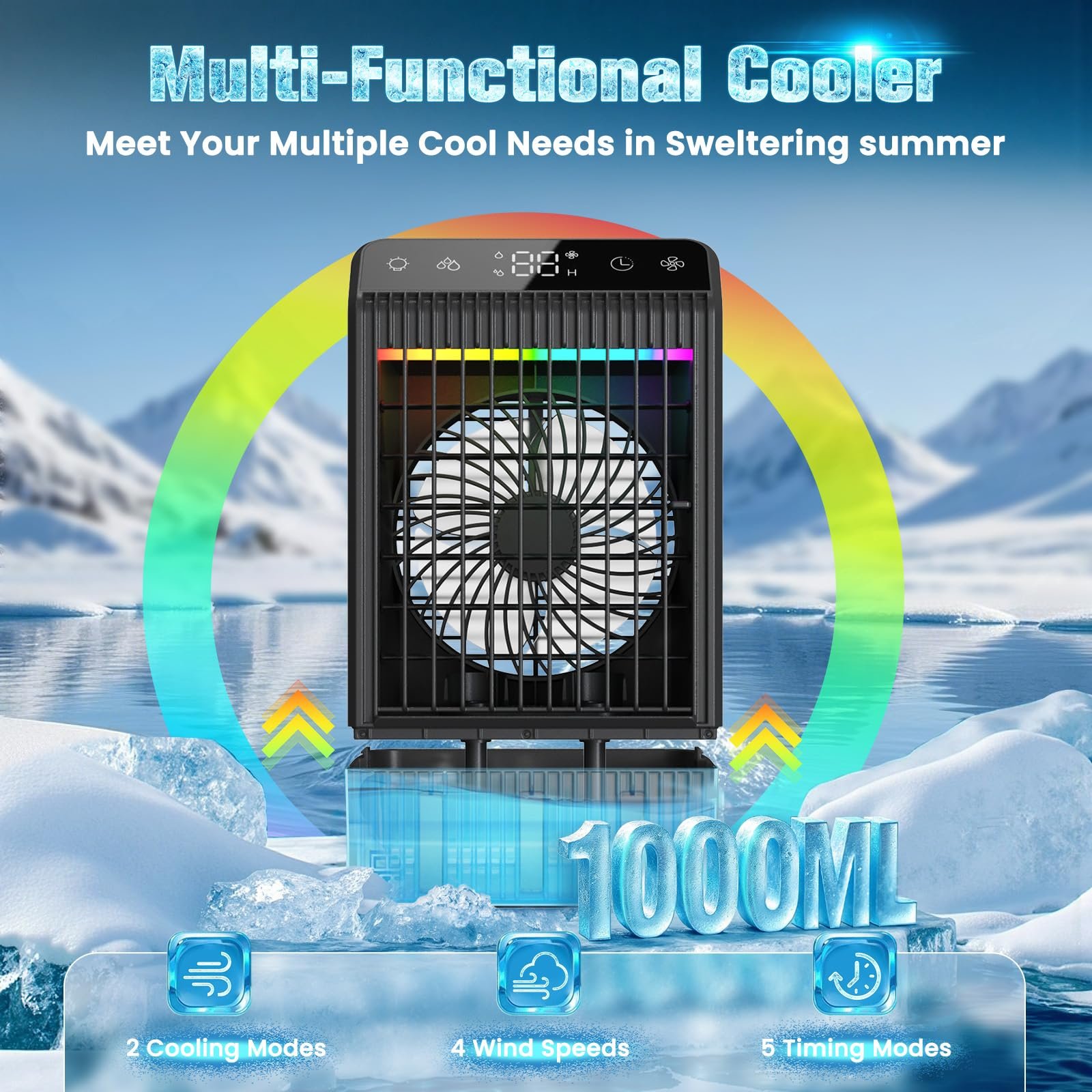 Мобільний міні-кондиціонер 4 рівні швидкості 1 L з підсвічуванням, фото №3