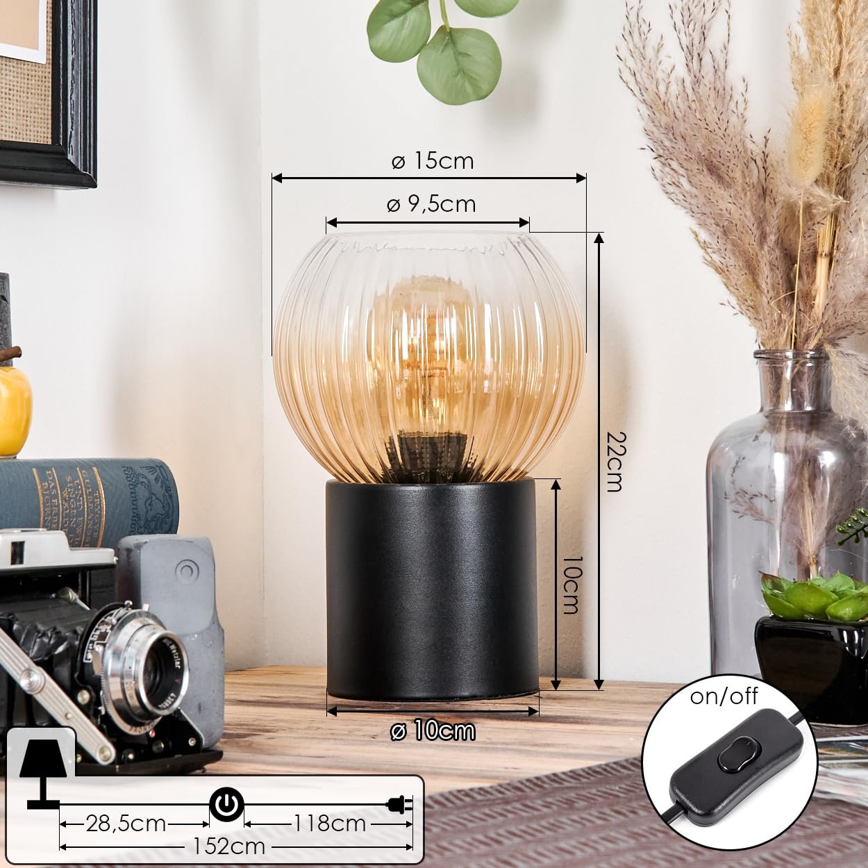 Настільна лампа HOFSTEIN Koyoto метал E27 15 см Чорний/Бурштиновий/Прозорий, фото №4