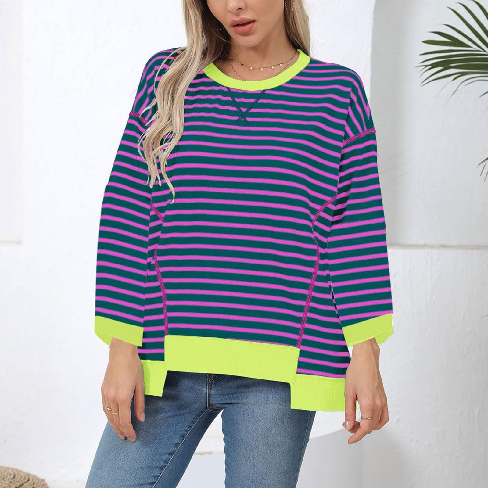 Женский Свитшот В полоску Oversize Цветной блок Круглый вырез Длинный рукав Свободный крой, фото №5