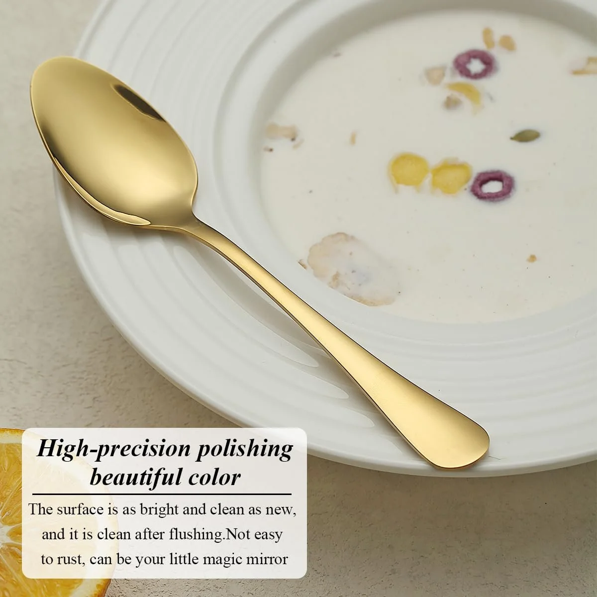 Ложки столові Gold, 12 штук, нержавіюча сталь з титановим золотим покриттям, для дому, ресторану, весілля, вечірок, заходів, Різдва, фото №4