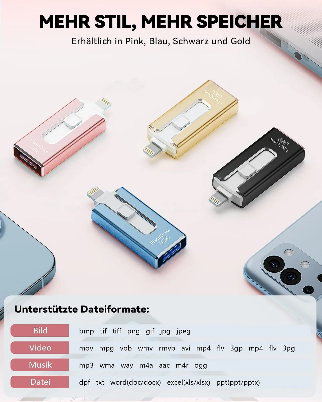 USB-накопичувач SUDEHO 256 ГБ 4 в 1 MFi Certified Рожевий металік, фото №5