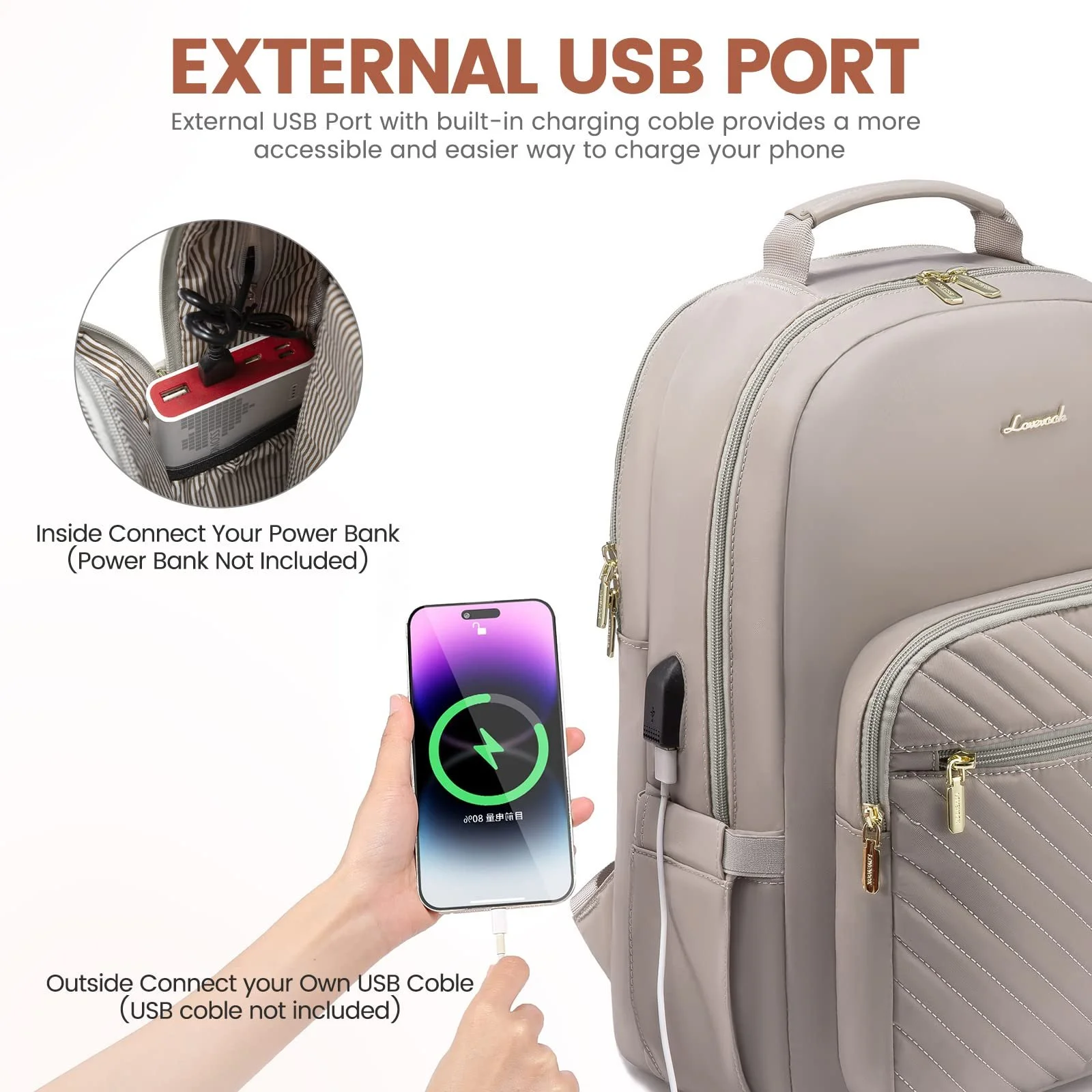 Рюкзак для ноутбука LOVEVOOK 15.6" з USB-портом водонепроникний жіночий, фото №4