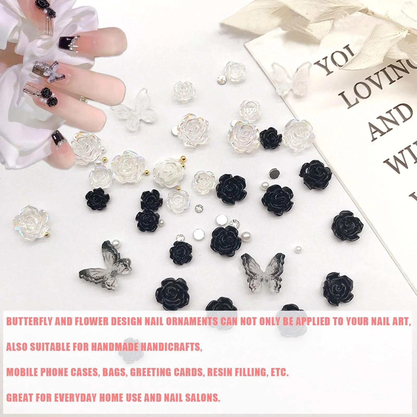 3D Цветок Подвески для ногтей, Белый Черный Прозрачный Акрил Камелия Украшения для ногтей Бабочка Стразы для ногтей Драгоценности с Мини Бисером, фото №5
