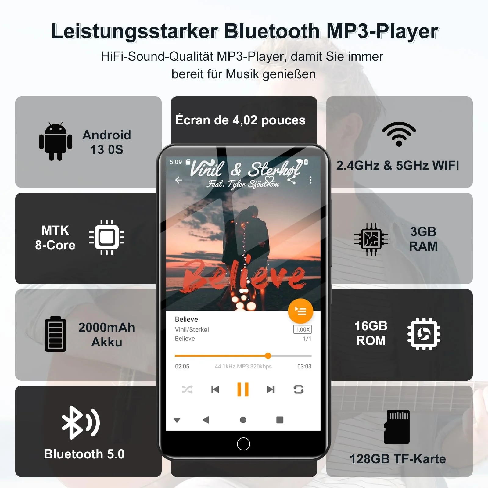 MP3-плеер с WiFi и Bluetooth 144 ГБ, 4.02-дюймовый IPS сенсорный экран, музыкальный плеер для детей, Android MP4-плеер со Spotify, Audible, Amazon Music, Deezer, Play Store (Blcak), фото №3