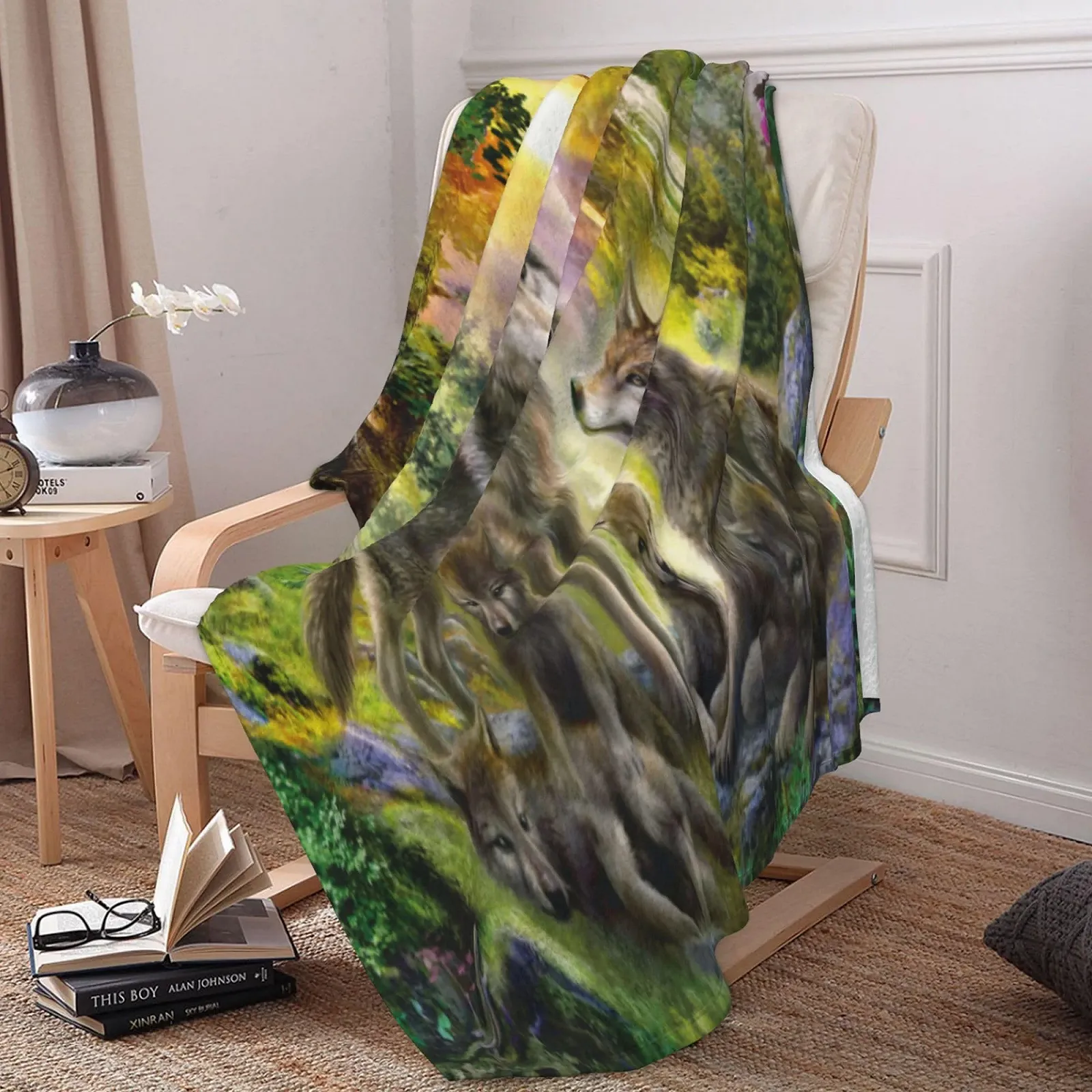 Одеяло PAAHRYI С рисунком волка 3D-печать волка Лес Дикое животное Волчье флисовое одеяло 150 x 200 см D, фото №2