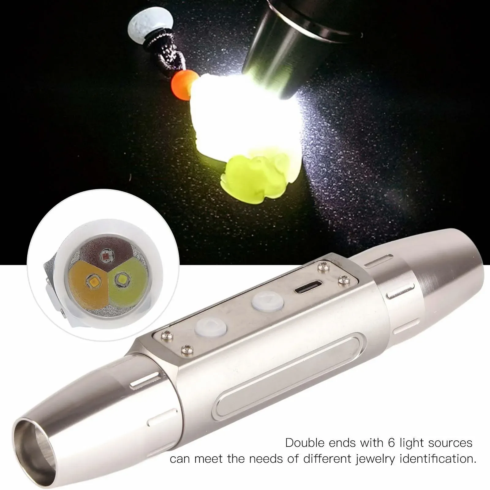 Ультрафіолетовий ліхтар LED USB акумуляторний ідентифікація ювелірних виробів нічний пошук детектор грошей подвійний кінець 6 світлодіодів, фото №5