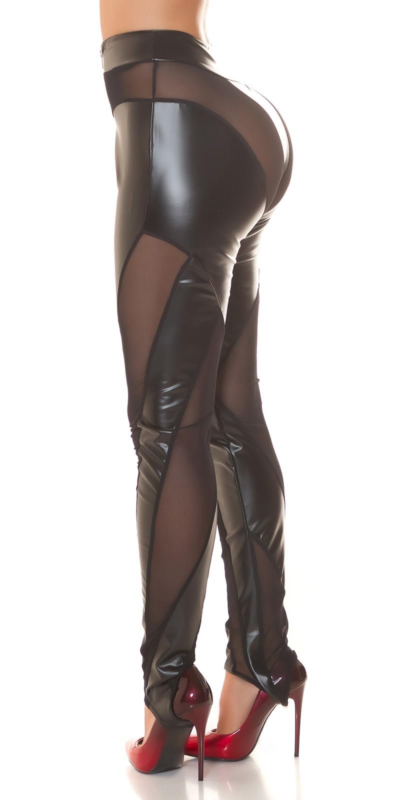 Леггинсы Koucla Skinny Gogo из искусственной кожи, длинные, с эффектом мокрой кожи, с высокой талией,Для вечеринок, с прозрачными сетчатыми вставками и молнией, фото №7