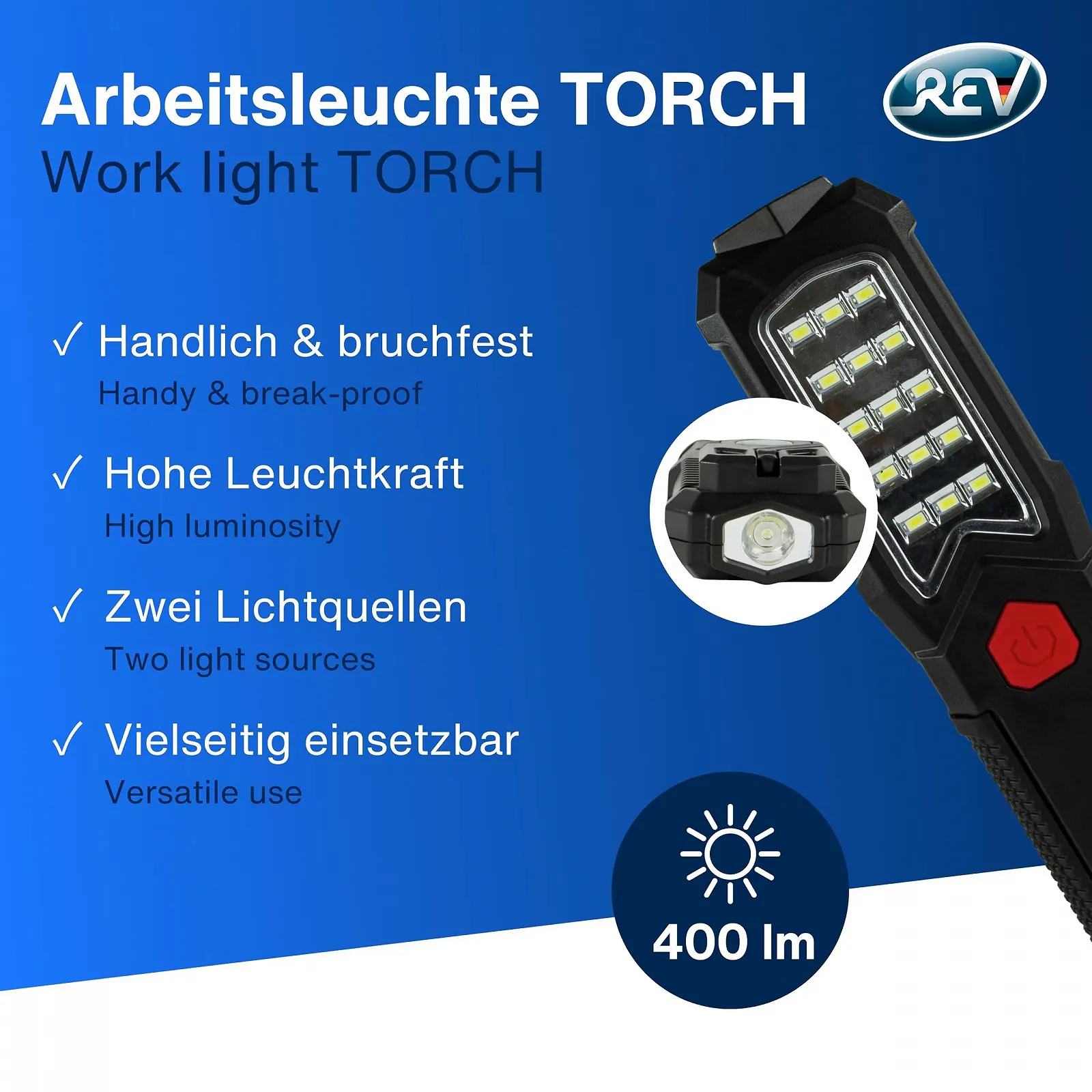 Ліхтар REV Світлодіодний робочий ліхтар - Компактна акумуляторна ручна лампа з магнітною основою 3600 та підвісним гачком, ідеально підходить для майстерні та автомобіля, чорний/червоний, фото №2