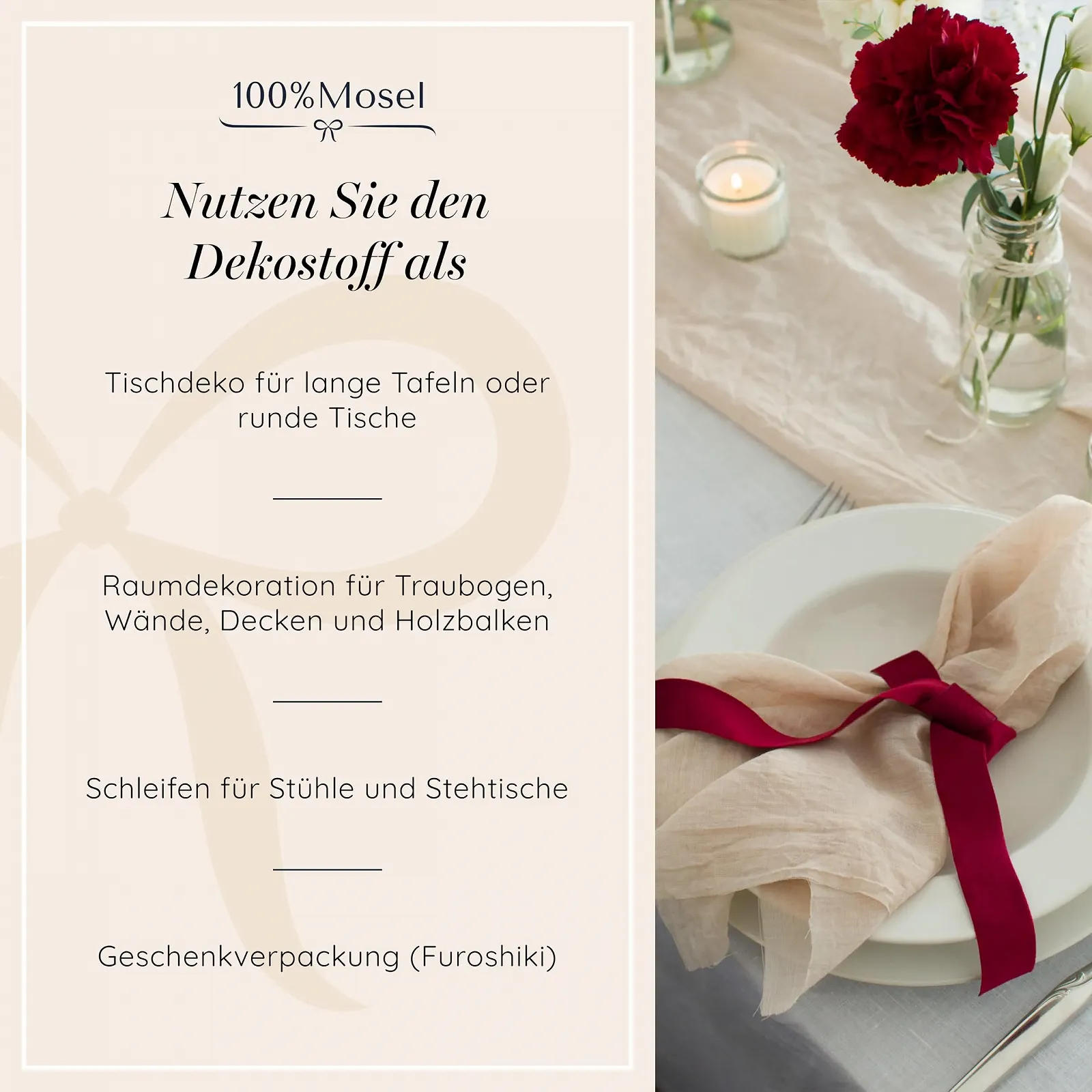 Ранер для столу 100%Mosel Muslin 48 см x 5 м 66 г/м² Натуральний бежевий, фото №6 Ранер для столу 100%Mosel Muslin 48 см x 5 м 66 г/м² Натуральний бежевий, фото №6