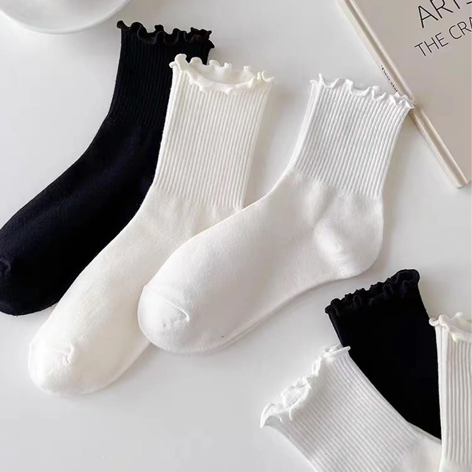 Носки с рюшами Женские Белый / Черный, фото №6