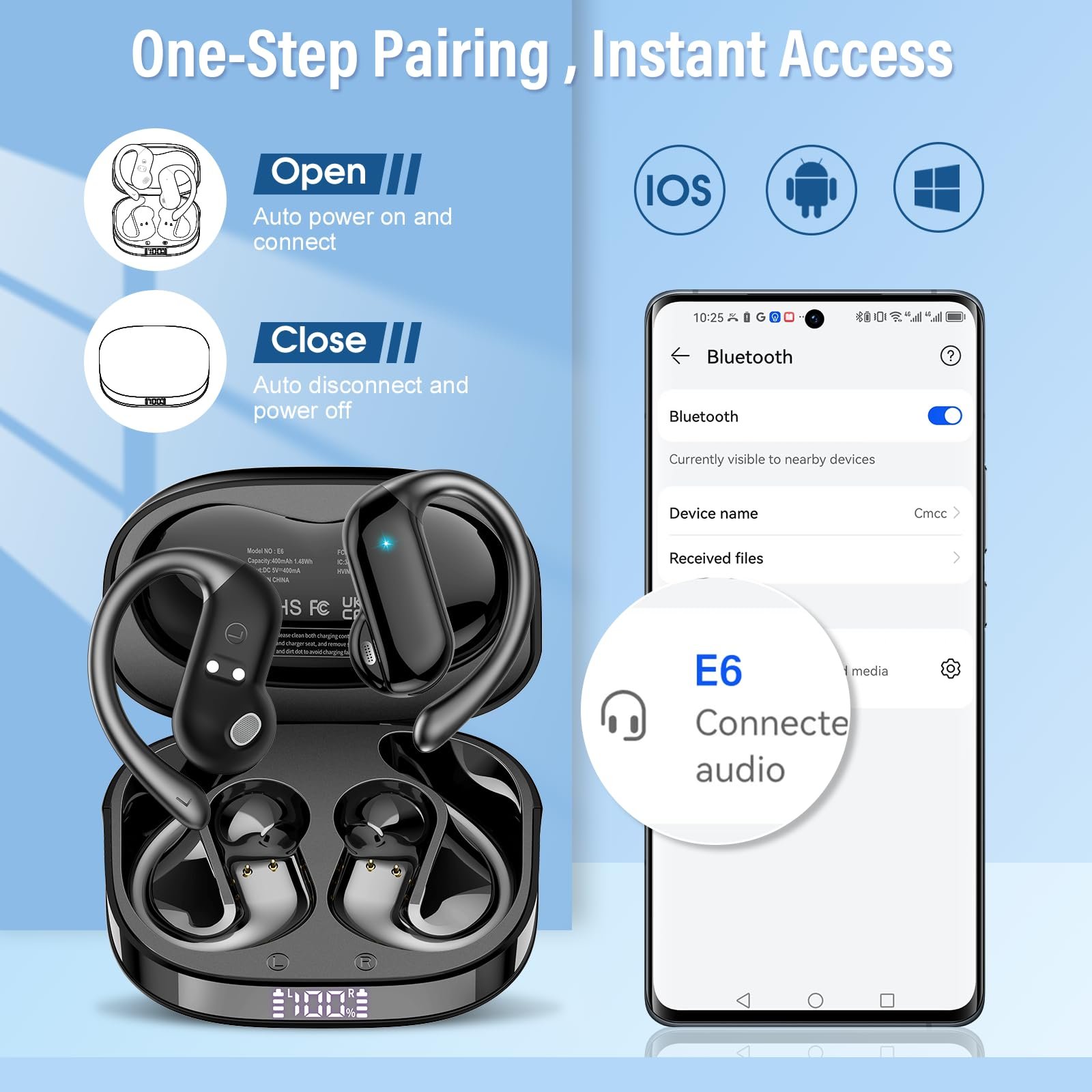 Наушники с открытым ухом DUSONLAP Bluetooth, IPX7 водонепроницаемые спортивные наушники для бега, черный, фото №9
