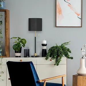 Настільна лампа Relaxdays з тяговим вимикачем тканинний абажур E27 69 x 24 см Чорний/Золотий synthetic.ua - Фото 1