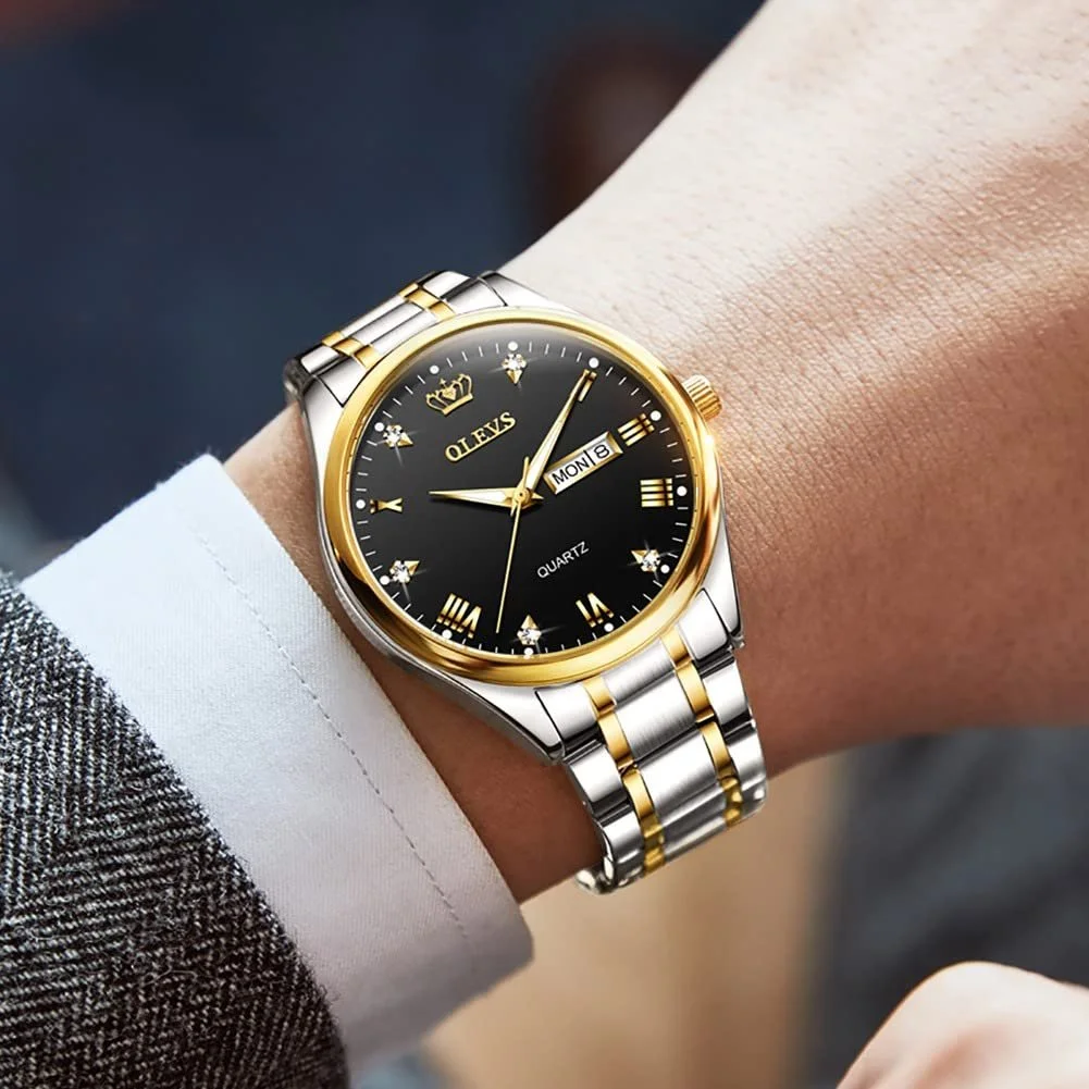 Часы OLEVS Мужские Легкочитаемые с ремешком из нержавеющей стали Водонепроницаемый Календарь 5563: Черный/Золотой, Браслет, фото №3