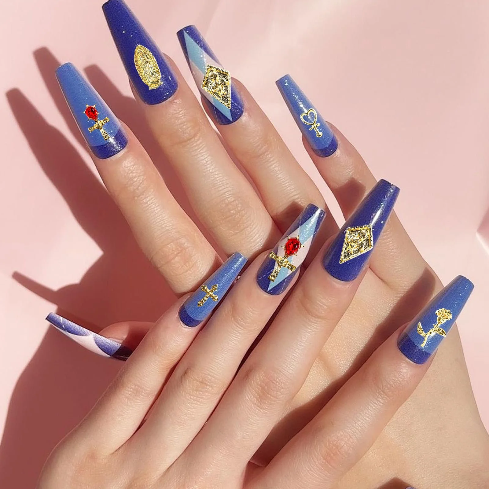 Украшения для ногтей Набор 70 шт Золотые Подвески Крест Роза Сердца Дева Мария, фото №7