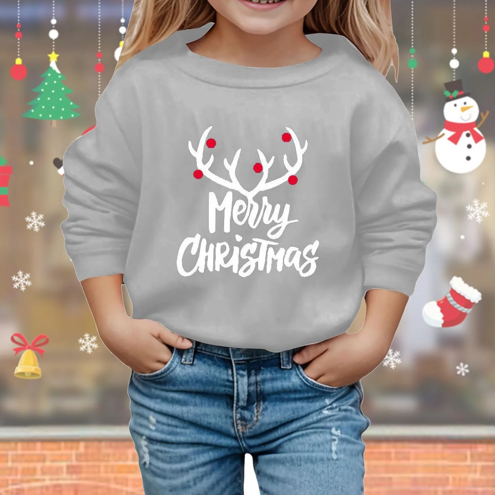 Детский рождественский джемпер для девочек, размер 134-176, свитшот с длинными рукавами и круглым вырезом, с принтом букв, легкая блузка, фото №3