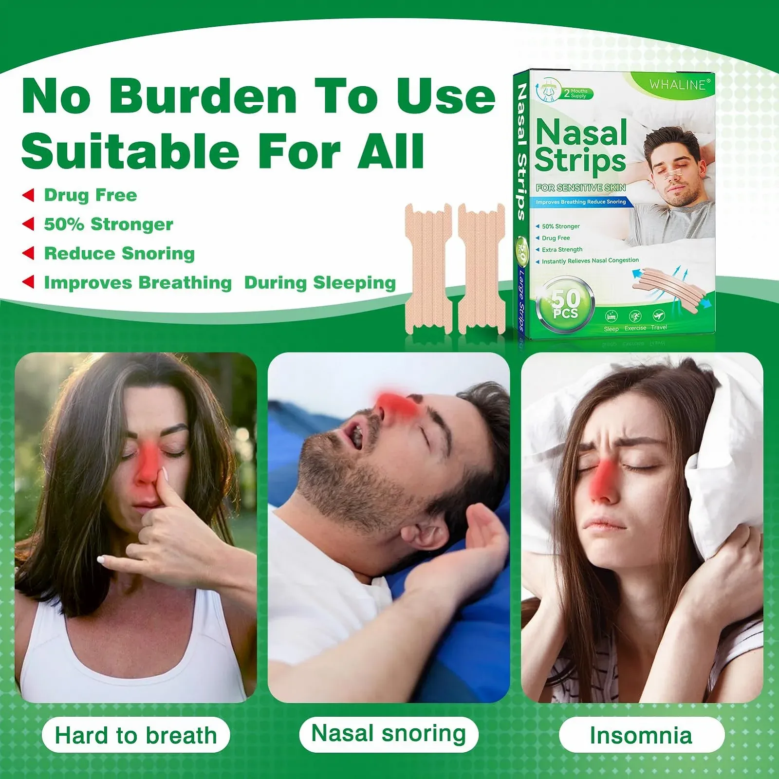 Пластыри для носа Whaline, 50 шт. Большие пластыри для носа от храпа для сна, для лучшего дыхания., фото №4