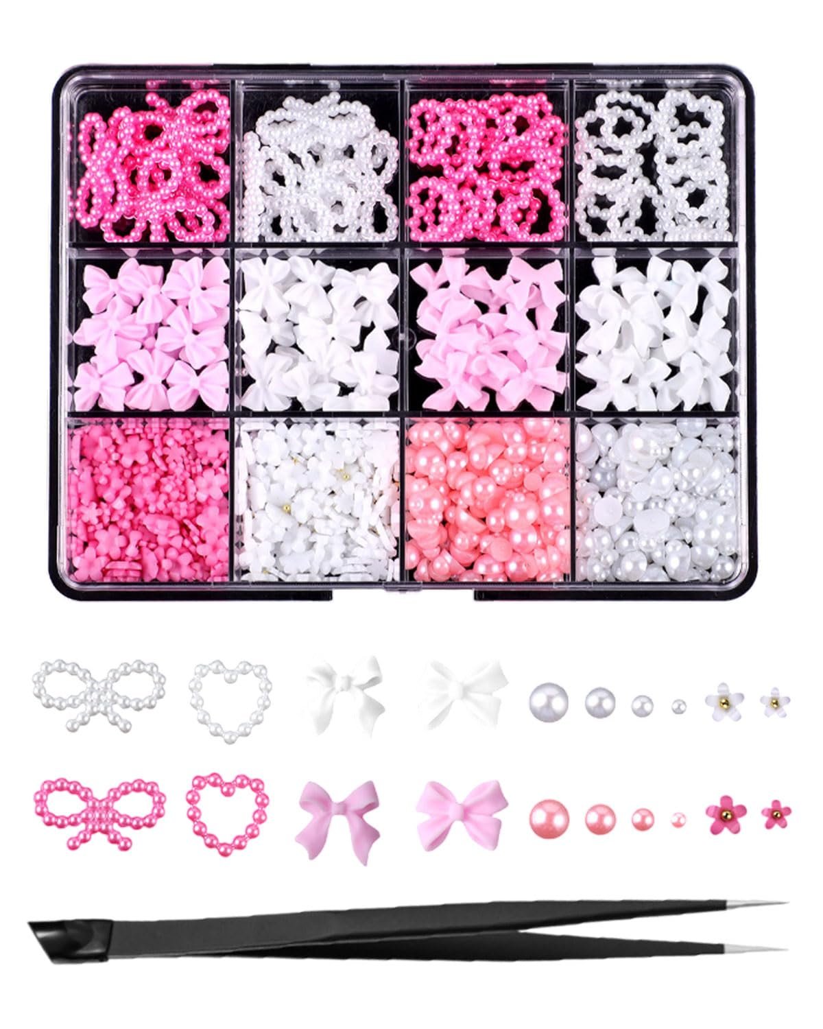 Набор 3D украшений для ногтей, 1000 шт, 9 цветов: бантики, цветочки, звездочки, сердечки, заклепки, стразы для маникюра, жемчуг искусственный, фото №1