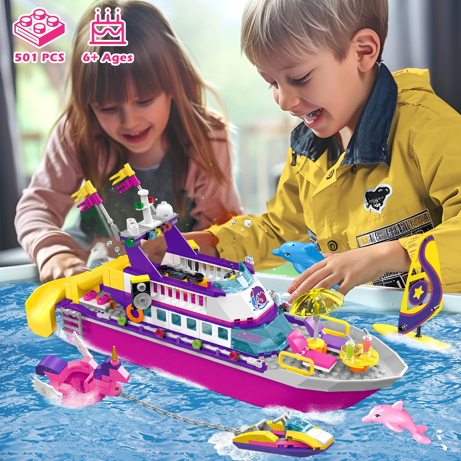 HOGOKIDS Набор для сборки лодки с LED-подсветкой Круизный корабль с водным скутером, дельфином 501 штука, фото №2