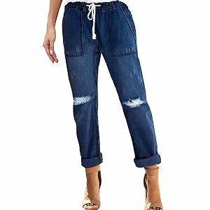 Жіночі джинси Wide Leg Jeans великого розміру, еластичні джинси з гумкою, джоггери 7/8 з куліскою, зручні штани-гарем, тканинні штани, літні рвані джинси, повсякденний денім - Фото 1