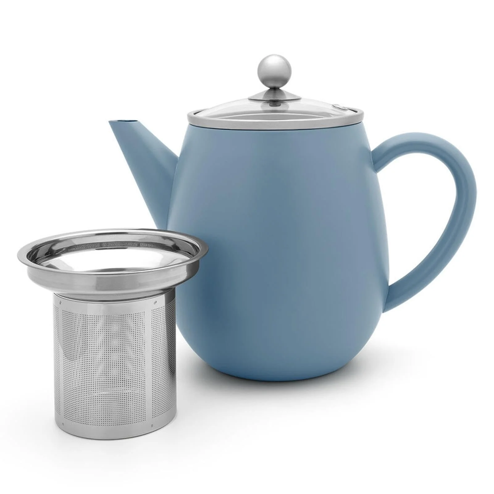Чайник-заварник 1.1 літра Синій Набір глечиків з подвійними стінками з нержавіючої сталі зі скляною кришкою та 2 термостійкими склянками для чаю по 290 мл кожна, фото №2