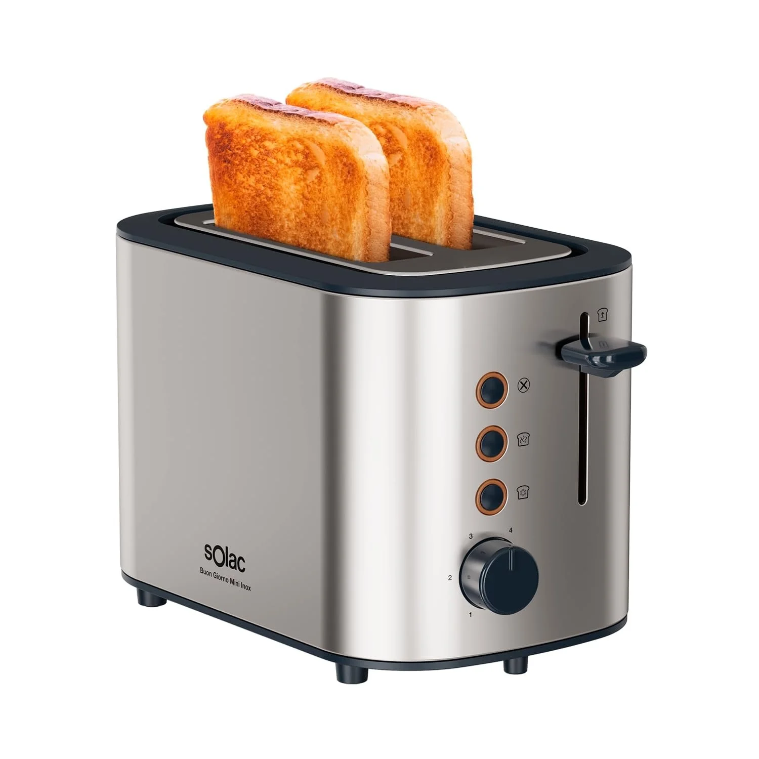 Тостер Solac Buon Giorno Mini Inox, 870 Вт,  6 рівнів підсмажування, 3 функції, 2 скибочки, самоцентрування, LED-підсвітка, висувний піддон для крихт, сірий, фото №1