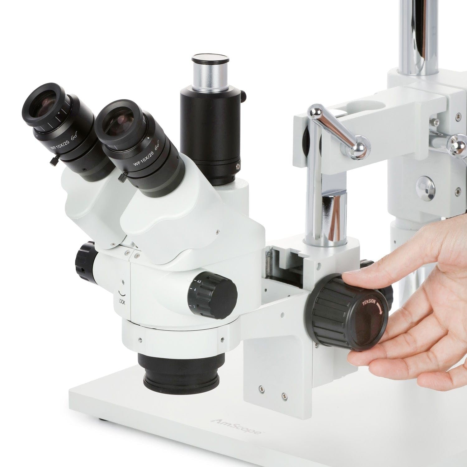 Стереомикроскоп AmScope 7X-45X Zoom с блокировкой, симультанный, на двухрычажной стойке, фото №2