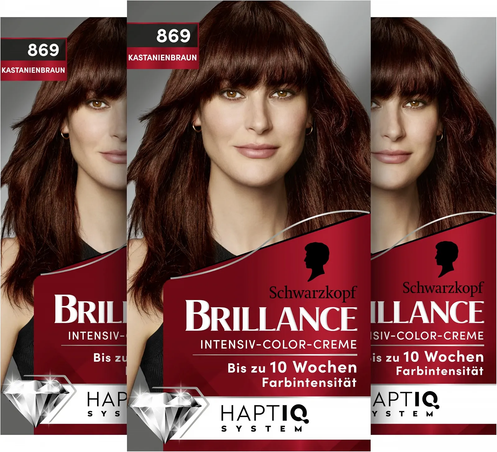 Крем-фарба для інтенсивного фарбування волосся Brillance 869 Каштановий коричневий (3 x 170 мл), стійка фарба для волосся з діамантовим блиском і кондиціонером, фарбування для 10 тижнів інтенсивності кольору та 100% покриття сивини, фото №1 Крем-фарба для інтенсивного фарбування волосся Brillance 869 Каштановий коричневий (3 x 170 мл), стійка фарба для волосся з діамантовим блиском і кондиціонером, фарбування для 10 тижнів інтенсивності кольору та 100% покриття сивини, фото №1