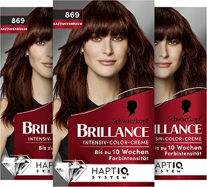 Крем-фарба для інтенсивного фарбування волосся Brillance 869 Каштановий коричневий (3 x 170 мл), стійка фарба для волосся з діамантовим блиском і кондиціонером, фарбування для 10 тижнів інтенсивності кольору та 100% покриття сивини - Фото 1