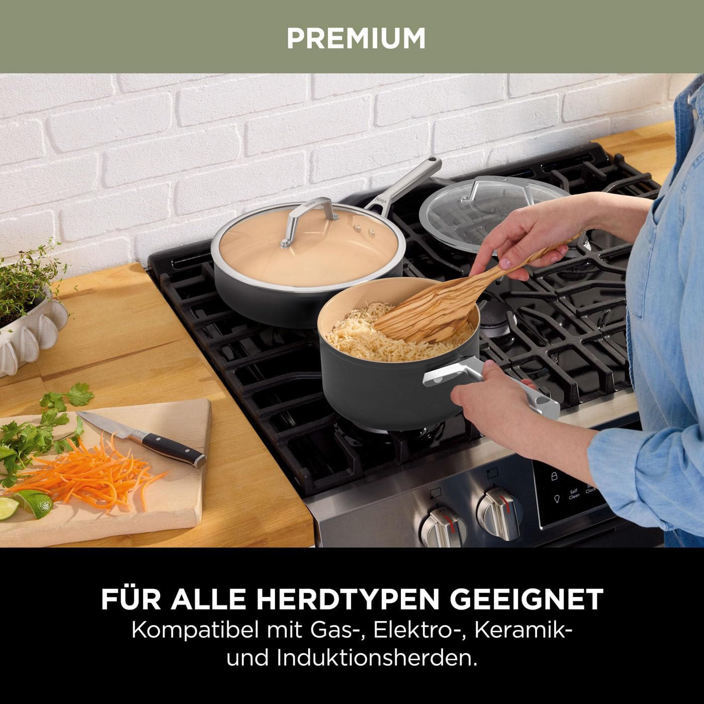 Набор кастрюль Ninja Extended Life 16, 18 и 20 см Керамическое Антипригарное покрытие Терракотовый и Серый, фото №5 Набор кастрюль Ninja Extended Life 16, 18 и 20 см Керамическое Антипригарное покрытие Терракотовый и Серый, фото №5