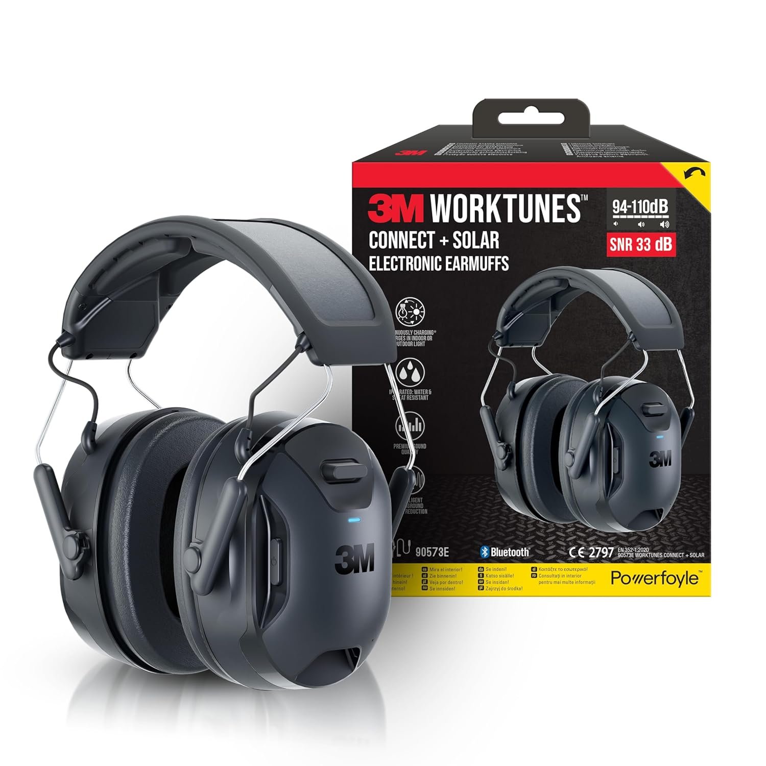 Беспроводные наушники 3M WorkTunes Connect & Solar / Bluetooth 5.2 / USB Type-C / Пассивное шумоподавление 33 дБ / Влагозащита / До 40 часов работы / Черные (90573E-1), фото №6