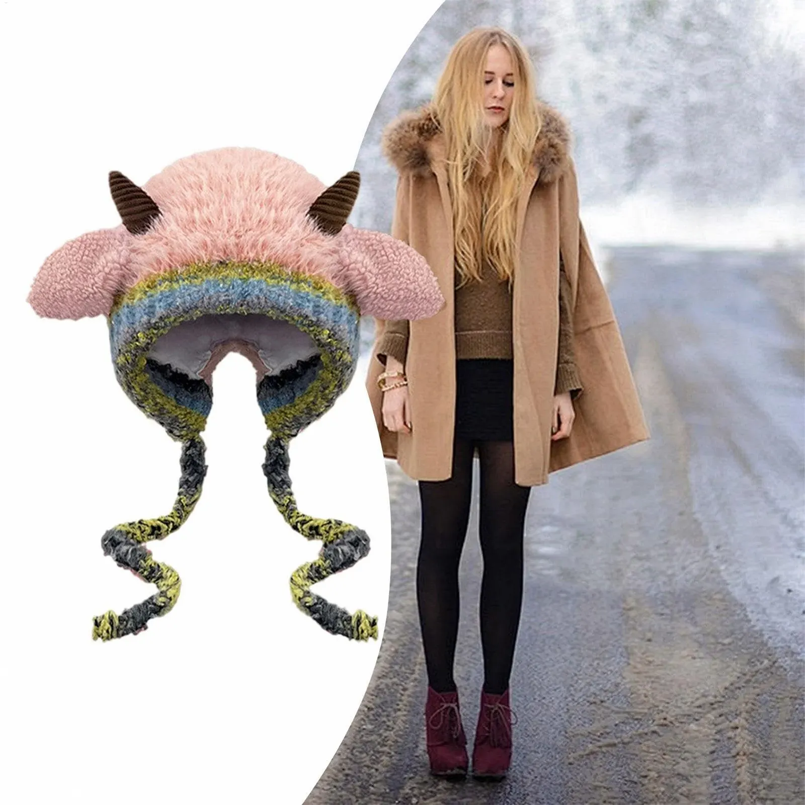 Вязаная шапка с овечьими ушками, розовая, фото №3 Вязаная шапка с овечьими ушками, розовая, фото №3