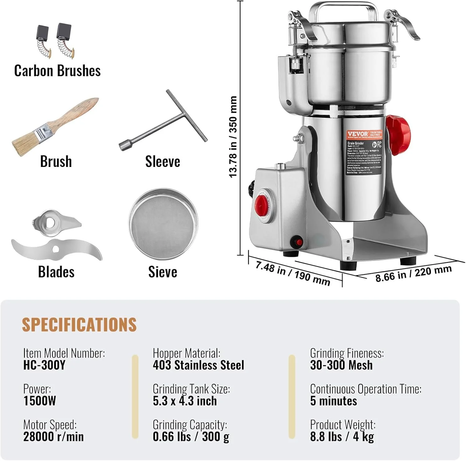 Электрическая мельница для зерна Vevor HC-300V Серебристая, фото №8 Электрическая мельница для зерна Vevor HC-300V Серебристая, фото №8