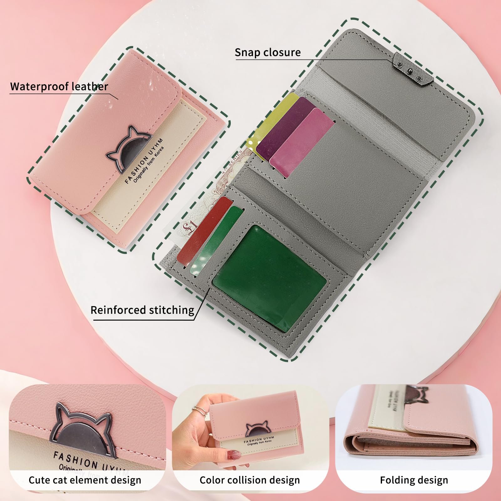 Кошелек MultiValue Женский, Мини-кошелек, Кожаный кошелек с кошачьей головой с 7 отделениями для карт и окошком для ID, Серый, фото №3