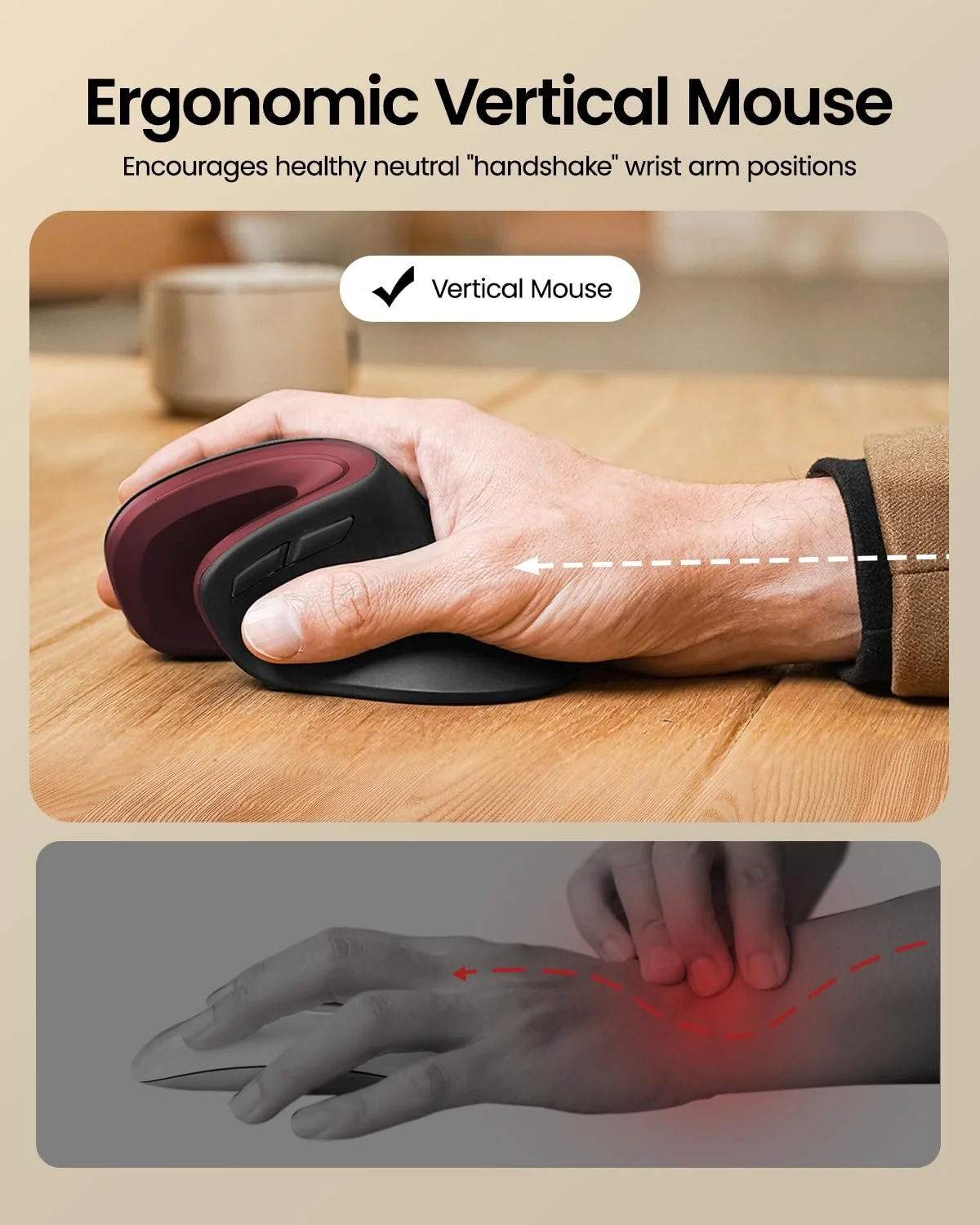 Мышь ProtoArc EM11 Беспроводная, эргономичная, вертикальная, перезаряжаемая, 3 устройства (2 x Bluetooth + USB), черно-красная, фото №4