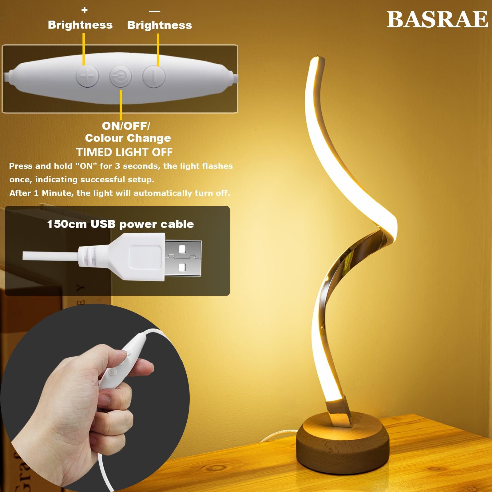 Настільна лампа Spiral Modern LED 3 Colour Temperatures Dimmable Wood, фото №4