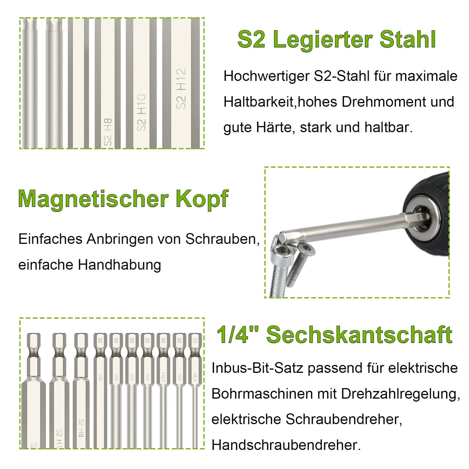 Набір викруток Hakkin 10 шт. 1/4 дюйма 100 мм шестигранний магнітний біт S2 Hex 1.5-12 мм Allen, фото №3