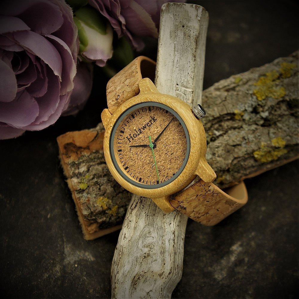 Годинник жіночий Holzwerk Germany Designer Eco Natural Vegan дерев'яний аналоговий кварцовий з корковим ремінцем та дерев'яним циферблатом, фото №4