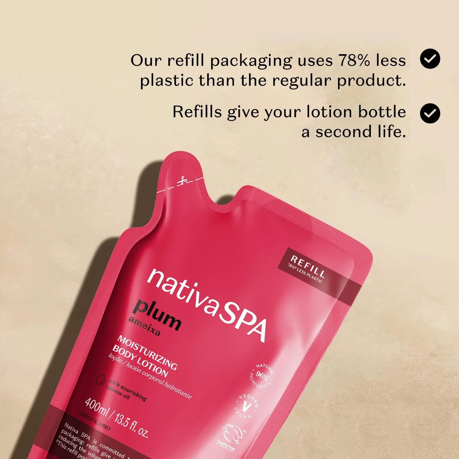 Увлажняющее средство для тела O Boticário Native SPA Слива, Парфюмированный лосьон для тела с каплями киноа для большего увлажнения, 400 мл, фото №5 Увлажняющее средство для тела O Boticário Native SPA Слива, Парфюмированный лосьон для тела с каплями киноа для большего увлажнения, 400 мл, фото №5