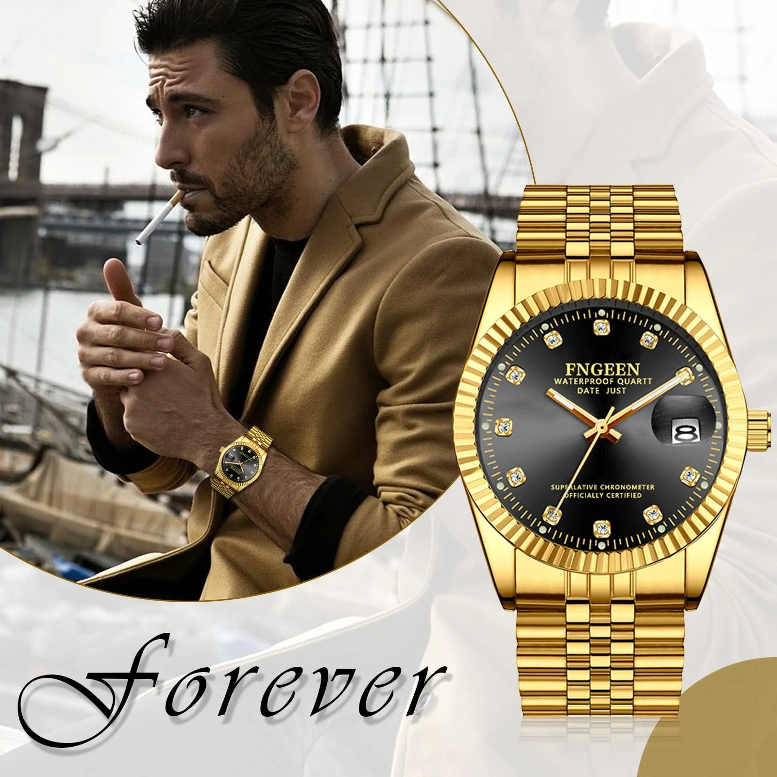 Мужские часы Avaner Золотые наручные часы: Мужские часы со шкалой со стразами Люминесцентные стрелки Аналоговые кварцевые часы с ремешком из нержавеющей стали для мужчин, фото №7