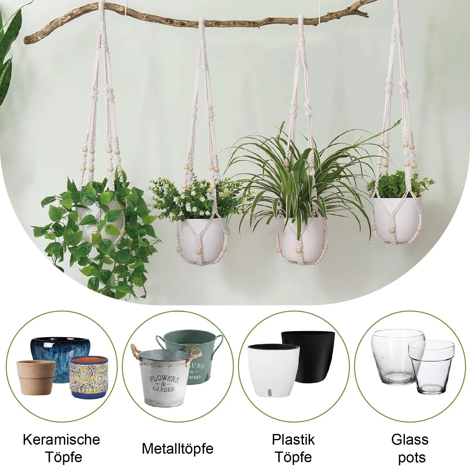 Підвісний кошик макраме Boho бавовняний з намистинами без китиць 1 шт, фото №6