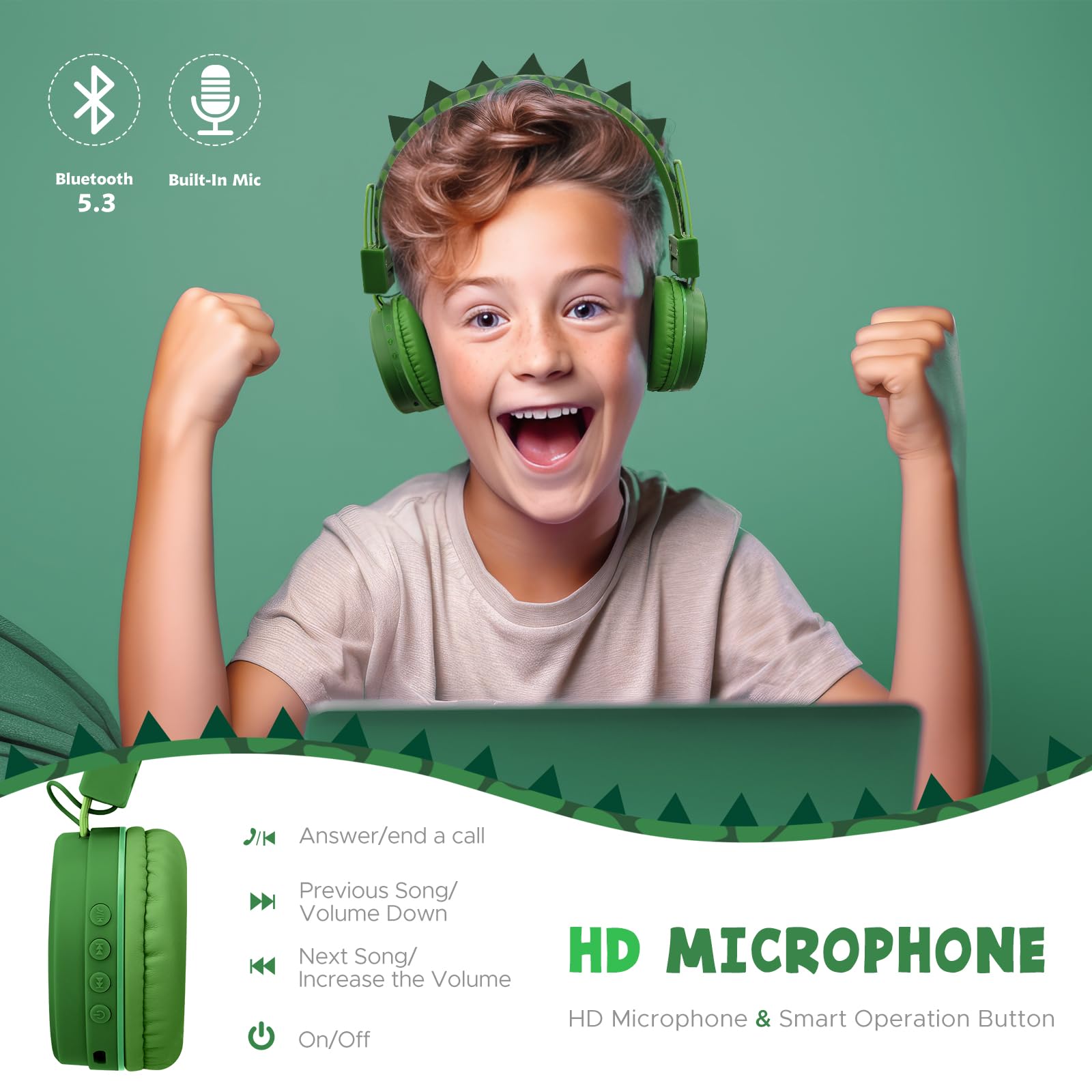 Навушники JYPS Wireless Bluetooth Дитячі Котячі Ніжки/Динозаври Over-Ear з Кабелем 85 дБ 10 Годин Часу Відтворення, фото №3