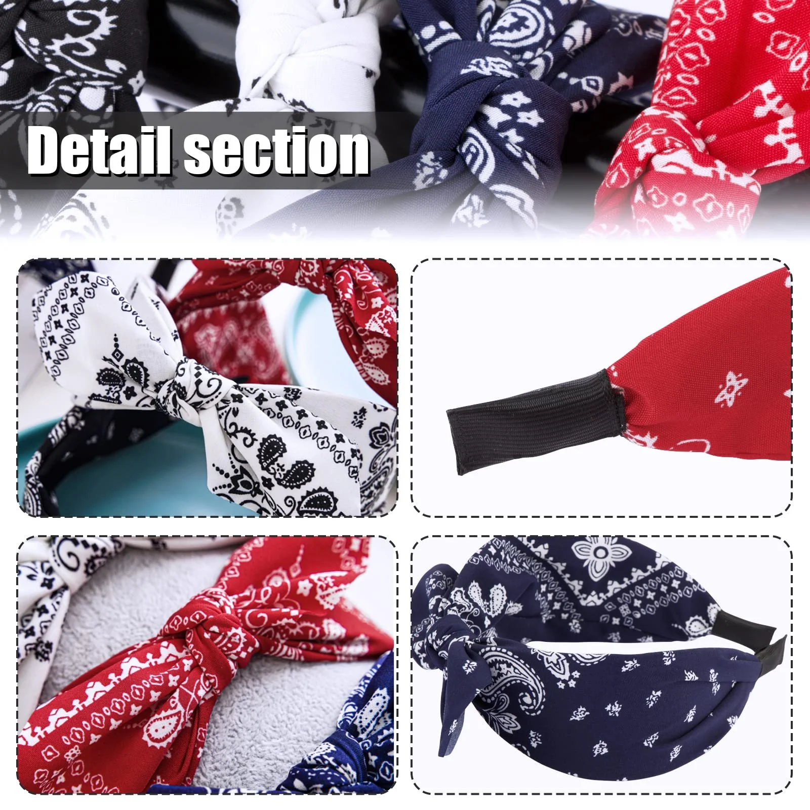 Обруч на голову BETESSIN Paisley с бантом для женщин, набор 4 шт., красный, черный, белый, темно-синий, фото №4